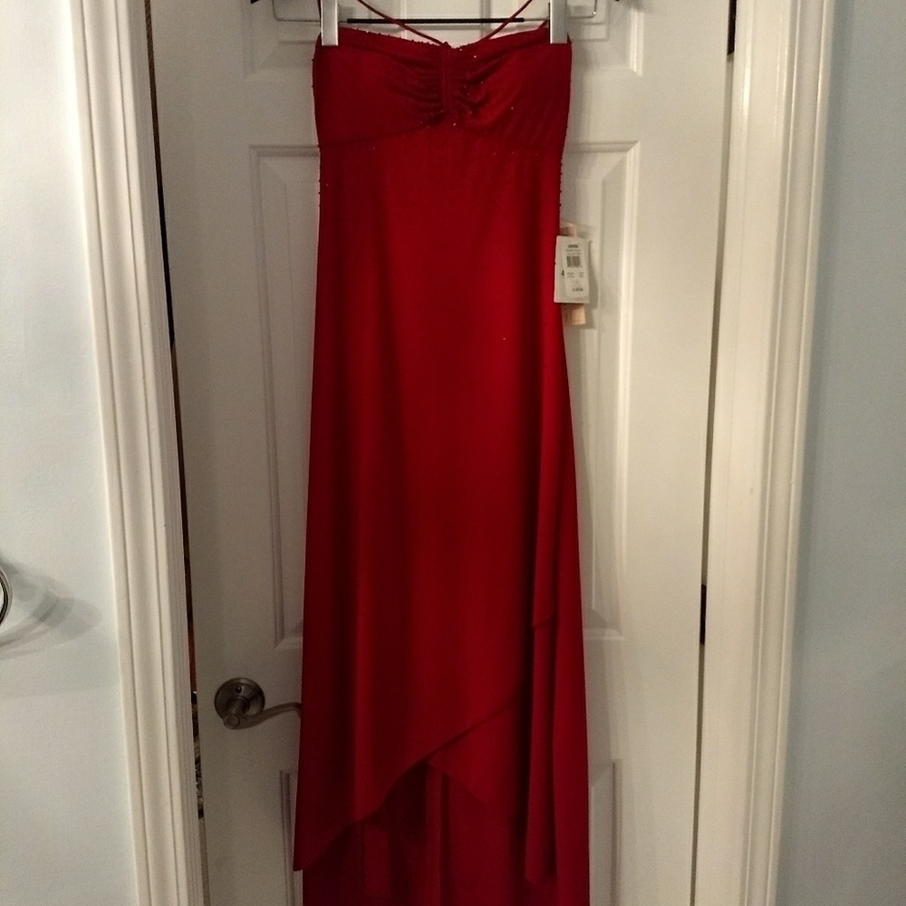 NWT DeLaru Red Ruched Asymmetrical Dress